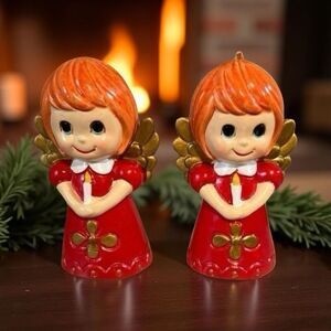 2 VINTAGE Chalkware Christmas Angel Ornaments RED HAIR Kitsch 1960s JAPAN